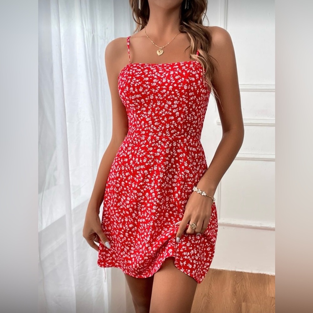 Red Floral Spaghetti-Strap Mini Dress